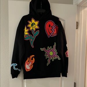 PacSun Black Hoodie with Colorful Floral and Graphic Designs